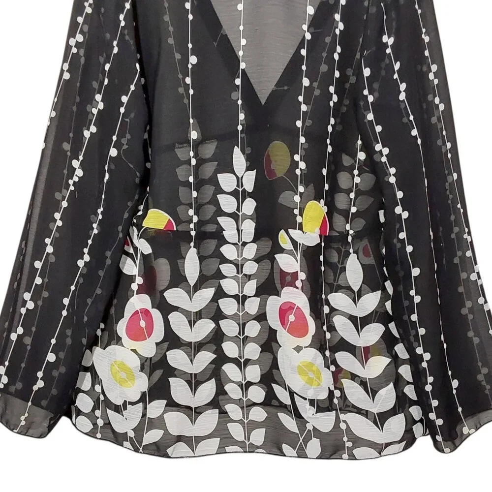 Coldwater Creek V-Neck Tunic Top Black Semi-Sheer Floral Crepe Great Cond - L - Picture 8 of 11